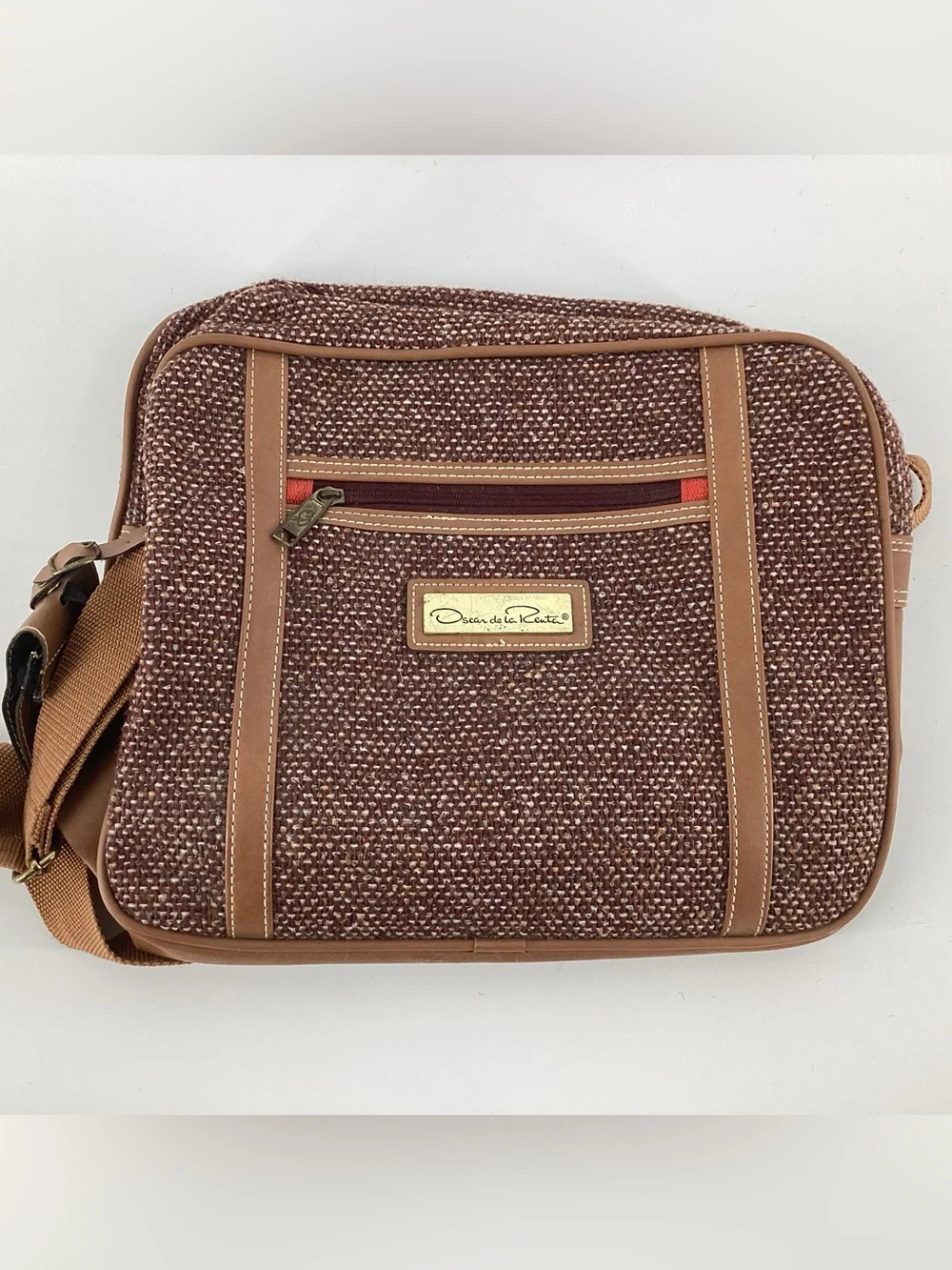 Oscar de la Renta Brown Tweed 3pc Travel Tote and Matching Crossbody Bags